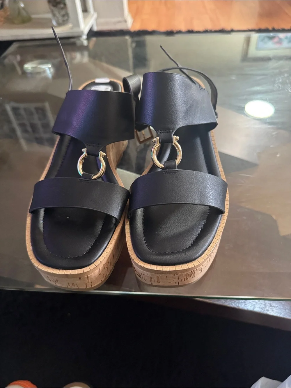 Gianni Bini Black Platform Sandals with Gold Accent